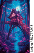 Enchanted Treetop House: A Nighttime Scene in a Luminescent Forest. Стоковое AI-изображение, AI-художник Данила Большаков / Фотобанк Лори