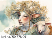 Watercolor fantasy illustration with a charming anthropomorphic sheep in the style of the Rococo era. The main character is depicted with soft facial features, lush curls, decorated with flowers and a pearl headband. She is wearing an elegant outfit in pastel colors, decorated with floral elements and beads. Next to her is a realistic lamb with a kind look, bringing a note of warmth and comfort to the composition. The background is made in soft watercolor transitions of blue and milky shades, emphasizing the tenderness of the scene. The work is perfect for the themes of nature, fantasy, fairy tales, children's books, spring, comfort and femininity. Стоковое AI-изображение, AI-художник Анна Кривицкая / Фотобанк Лори