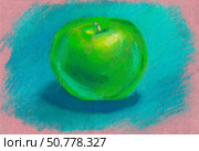 Illustration drawn with chalk in the form of a green apple on a blue background. Стоковое фото, фотограф Дарья Мережина / Фотобанк Лори