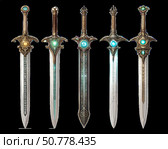 Five beautifully crafted swords with decorative hilts and glowing gemstones are arranged in a row. Each sword features unique patterns and an otherworldly appearance. Стоковое AI-изображение, AI-художник Анна Сивакова / Фотобанк Лори