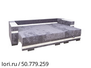 Gray unfolded sofa with velor fabric pillows isolated on a white background. Cushioned furniture. Стоковое фото, фотограф Лазаренко Светлана / Фотобанк Лори