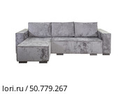 Gray corner sofa with velor fabric pillows isolated on a white background. Cushioned furniture. Стоковое фото, фотограф Лазаренко Светлана / Фотобанк Лори