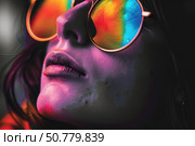 Woman wearing colorful sunglasses enjoying holographic light projections. Стоковое AI-изображение, AI-художник Иван Рябоконь / Фотобанк Лори