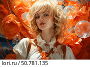 Portrait of a young woman with wavy blonde hair against a background of bright orange flowers and transparent air bubbles. The woman is wearing a white blouse with ruffles and leather suspenders, her look is confident and attractive. The painting is done in an artistic, almost fantasy style with a rich color palette. Perfect for the themes of fashion, beauty, fantasy, romance and spring-summer inspiration. Стоковое AI-изображение, AI-художник Анна Кривицкая / Фотобанк Лори