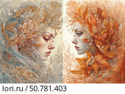 A diptych with two female profile portraits, executed in an artistic style with elements of floristry and Art Nouveau. The left side is decorated in a cool color scheme with shades of blue and golden beige, personifying spring or morning. The right side is in a warm palette with a predominance of red and terracotta tones, symbolizing autumn or evening. The hair of both women is stylized as plant patterns - leaves, flowers and curls - creating a sense of unity with nature. Both figures radiate calm and inner strength, immersing the viewer in a world of feelings, beauty and harmony. Стоковое AI-изображение, AI-художник Анна Кривицкая / Фотобанк Лори