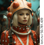 Portrait of a young woman in a sci-fi retro-futuristic astronaut costume. Her image combines vintage and sci-fi elements: a bright orange helmet with decorative antennas and spherical elements, glossy spacesuit-like clothing with many metal and plastic details. Her makeup and hairstyle emphasize her expressive facial features, and the setting hints at a space mission or an alternative reality. The illustration can be used in projects related to retrofuturism, fashion, sci-fi or visual art. Стоковое AI-изображение, AI-художник Анна Кривицкая / Фотобанк Лори