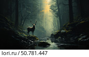 Atmospheric digital image depicting a majestic stag with spreading antlers standing in the middle of a forest stream. The dense forest is shrouded in soft fog, golden light breaks through the treetops, creating a sense of magic and solitude. Rocks, moss and reflections in the water emphasize the natural harmony and peace. This image is perfect for themes related to nature, wild life, meditation and fantasy atmosphere. Стоковое AI-изображение, AI-художник Анна Кривицкая / Фотобанк Лори