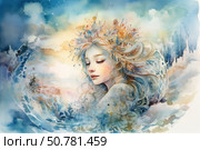 Watercolor illustration in delicate colors depicts a girl with closed eyes, personifying peace and dreaminess. Her light hair flutters smoothly, intertwining with flowers, leaves and water elements. The background is filled with abstract shapes in blue, turquoise, beige and pinkish shades, creating the effect of merging with nature and air. The image resembles a fairy, a mermaid or a spirit of nature. Artistic and emotional image is suitable for the themes of meditation, inspiration, creativity and fantasy. Стоковое AI-изображение, AI-художник Анна Кривицкая / Фотобанк Лори