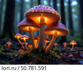 A group of glowing mushrooms are lit up in the dark. Стоковое AI-изображение, AI-художник Ярославский Максим / Фотобанк Лори