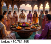 A group of people are gathered around a large table with a variety of food. Стоковое AI-изображение, AI-художник Ярославский Максим / Фотобанк Лори