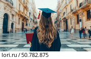A lone graduate strolls through a city street, diploma in hand, future ahead. Стоковое AI-изображение, AI-художник Данила Большаков / Фотобанк Лори