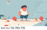 A child trying to participate in a sport, struggling due to excess weight. Стоковое AI-изображение, AI-художник ALLA YURTAYEVA / Фотобанк Лори