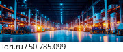 Night Scene of a Modern, Illuminated Warehouse with Automated Guided Vehicles. Стоковое AI-изображение, AI-художник Данила Большаков / Фотобанк Лори