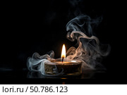 Extinguished candle emitting smoke on dark background. Стоковое AI-изображение, AI-художник Иван Рябоконь / Фотобанк Лори
