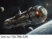 Large spaceship is orbiting planet earth. Стоковое AI-изображение, AI-художник Иван Рябоконь / Фотобанк Лори