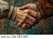 Two elderly people holding hands showing wrinkled skin. Стоковое AI-изображение, AI-художник Иван Рябоконь / Фотобанк Лори
