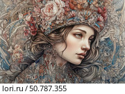 Artistic portrait of a young woman in the Art Nouveau style, decorated with complex patterns, flowers and decorative elements. The heroine's headdress is a lush composition of buds and curls, combined with her dress, which seems to continue the pattern of the background. The color palette is delicate, with shades of pink, blue, beige and brown. The image of the girl radiates softness, grace and mystery. Ideal for the design of printed materials, posters, packaging, interior items and designer collections. Стоковое AI-изображение, AI-художник Анна Кривицкая / Фотобанк Лори