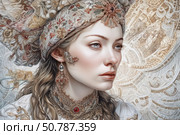 Portrait of a young woman in an image inspired by Slavic or Eastern European culture. Her face is framed by a richly decorated kokoshnik with embroidery, plant motifs and ornaments. The decorations on her neck, ears and face are made in a complex jewelry technique with elements of red and transparent stone. The background contains fine lines and patterns that harmonize with the headdress. The image combines photorealism and decorative stylization, which gives the scene a traditional and fantasy character at the same time. Suitable for book covers, art projects, calendars, gallery prints and ethnic collections. Стоковое AI-изображение, AI-художник Анна Кривицкая / Фотобанк Лори