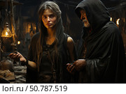Atmospheric fantasy scene with two characters in dark, medieval clothes. A young woman with a piercing gaze and loose hair stands in the foreground, holding a mysterious object in her hand. Next to her is an elderly man in a black hood, with a stern expression on his face. They are in a semi-dark room, reminiscent of an alchemist's shop or a secret refuge. Soft warm lighting from the lamps creates a mystical and dramatic atmosphere. Ideal for themes of magic, the Middle Ages, adventure, heroic fantasy and mysterious stories. Стоковое AI-изображение, AI-художник Анна Кривицкая / Фотобанк Лори