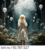 A fantastic digital illustration of a girl in a white dress standing in a mysterious Gothic hall. Her figure is illuminated by a soft light falling from above, among hovering glowing teardrop-shaped creatures and high architectural arches. The atmosphere of the frame is filled with mystery, anticipation of magic and surreal silence. The picture conveys a sense of childish wonder before an unknown world. Стоковое AI-изображение, AI-художник Анна Кривицкая / Фотобанк Лори
