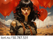 A digital illustration of a young woman with dark wavy hair standing in front of a desert landscape with bright red hot air balloons. Her piercing gaze and casual attire — off-the-shoulder shirt and belts — create the image of a strong, independent heroine in an adventure style. The contrast between the rich red of the balloons and the muted tones of the desert adds drama and visual depth to the image. Стоковое AI-изображение, AI-художник Анна Кривицкая / Фотобанк Лори