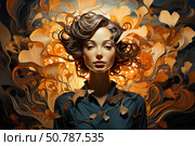 Digital illustration with Art Nouveau elements depicting a young woman with an expressive face surrounded by a mesmerizing swirl of golden ginkgo leaves. Glowing forms smoothly turning into curls and plant motifs create a sense of fusion of nature, light and inner harmony. The composition emphasizes feminine strength, tranquility and magical beauty. Ideal for themes of art, nature, femininity, inspiration and self-knowledge. Стоковое AI-изображение, AI-художник Анна Кривицкая / Фотобанк Лори