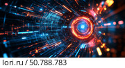 Digital Vortex of Neon Lights and Data Streams Creating a Futuristic Atmosphere at High Velocity. Стоковое AI-изображение, AI-художник Юлия Гапеенко / Фотобанк Лори