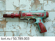 Old damaged toy gun resting on deteriorating tiled wall. Стоковое AI-изображение, AI-художник Иван Рябоконь / Фотобанк Лори
