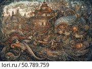 A fantastic and detailed illustration in the style of fantasy and surrealism. In the center of the composition is a building resembling an ancient temple or palace, surrounded by many bizarre creatures, fish, dragons, horses and mythical heroes. Waves, smoke and spiral patterns intertwine, creating a sense of movement and chaos. Each element is worked out with jewelry precision, as if the painting comes to life. The color palette is warm and rich, with a dominance of ochre-blue and terracotta shades. Suitable for book covers, games, music albums or as art for NFT collections. Стоковое AI-изображение, AI-художник Анна Кривицкая / Фотобанк Лори