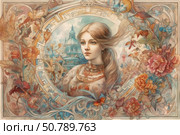 Watercolor illustration in Art Nouveau style with a portrait of a young woman in a decorative frame, surrounded by luxurious flowers, curls and architectural elements. Her gaze is calm and dreamy, her hair flutters in the wind, the background is decorated with domes and towers, creating an atmosphere of romance and light nostalgia. The color scheme is maintained in gentle pastel colors with a predominance of golden brown, blue and pink shades. Ideal for decorating books, postcards, wall posters and decorative items. Стоковое AI-изображение, AI-художник Анна Кривицкая / Фотобанк Лори