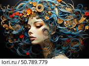 A futuristic digital illustration of a woman with closed eyes, done in the style of Art Nouveau and Steampunk. The waves of her thick blue hair are decorated with golden gears, clockworks, flowers and decorative elements, creating the image of a goddess of time or a muse of technology. Elegant makeup, smooth facial features and an intricate ornament on her forehead emphasize her mysterious beauty. The image combines digital art techniques with visual luxury and dynamics. Стоковое AI-изображение, AI-художник Анна Кривицкая / Фотобанк Лори