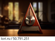 Vintage metronome ticking on wooden table in blurred room. Стоковое AI-изображение, AI-художник Иван Рябоконь / Фотобанк Лори
