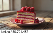An exquisitely delicious slice of Raspberry Layer Cake beautifully presented on a plate. Стоковое AI-видео, аниматор Лариса Пономарева / Фотобанк Лори