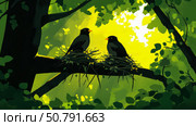 Sunlit Avian Couple in a Sylvan Nest: A Serene Nature Illustration. Стоковое AI-изображение, AI-художник Данила Большаков / Фотобанк Лори
