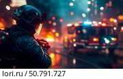 Nighttime Firefighter Action: A First Responder's Perspective. Стоковое AI-изображение, AI-художник Данила Большаков / Фотобанк Лори