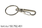 Карабин с защёлкой для ремня сумки на белом фоне. Belt rope strap lanyard, hanging clasp snap latch hook carabiner, isolated macro closeup. Стоковое фото, фотограф Татьяна Д / Фотобанк Лори