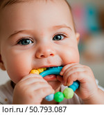 Close up of a caucasian baby chewing on a colorful silicone teether. Adorable child experiencing teething discomfort. Infant care, development stages. Стоковое AI-изображение, AI-художник Анжелика Самсонова / Фотобанк Лори