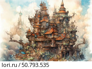 A fantasy illustration of a large, whimsical city floating among the clouds. The architecture of the buildings combines elements of steampunk, medieval fantasy and fairytale eclecticism. Red tiled roofs, carved balconies, ornate staircases and numerous turrets create a sense of a magical world. The city is surrounded by light clouds and heavenly haze, as if it is on the border between reality and dreams. This image is perfect for book covers, board games, fantasy projects and fairy tales. Стоковое AI-изображение, AI-художник Анна Кривицкая / Фотобанк Лори