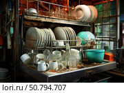 Dirty dishes piling up in old rusty dishwasher representing cleaning neglect. Стоковое AI-изображение, AI-художник Иван Рябоконь / Фотобанк Лори