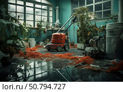 Floor scrubber abandoned in derelict greenhouse with shredded material and standing water. Стоковое AI-изображение, AI-художник Иван Рябоконь / Фотобанк Лори
