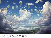 Money falling from the sky over a cloudy landscape. Стоковое AI-изображение, AI-художник Иван Рябоконь / Фотобанк Лори
