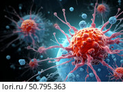 Cancer cells dividing and attacking healthy cells, causing metastasis. Стоковое AI-изображение, AI-художник Иван Рябоконь / Фотобанк Лори