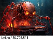 Aggressive cyborg spider invading computer system in burning room. Стоковое AI-изображение, AI-художник Иван Рябоконь / Фотобанк Лори