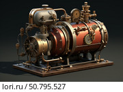 Steampunk machine generating power with retrofuturistic design. Стоковое AI-изображение, AI-художник Иван Рябоконь / Фотобанк Лори
