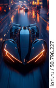 Futuristic Race Car Speeding Through City at Night: A high-speed chase scene showcasing a sleek, black, futuristic automobile with vibrant orange accents, navigating a rain-slick city street at night. Стоковое AI-изображение, AI-художник Данила Большаков / Фотобанк Лори
