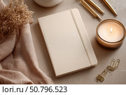 Back to life, goal list concept. Woman's hand writing in empty notebook on wooden table. Resolutions, plan, goals, checklist, idea concept. Top view, flat lay, copy space. 2026. Christmas, New Year. Стоковое AI-изображение, AI-художник Марина Демидюк / Фотобанк Лори