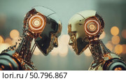 Robots face off in a futuristic showdown during a tech expo showcasing innovations and advancements in artificial intelligence. Стоковое AI-видео, аниматор Ekaterina Ismagilova / Фотобанк Лори