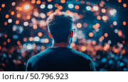 Man Observing a Luminous Crowd: An Enthralling Back View. Стоковое AI-изображение, AI-художник Данила Большаков / Фотобанк Лори