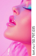 Close-up of a Woman's Face with Pink Lighting and Shimmery Makeup. Стоковое AI-изображение, AI-художник Данила Большаков / Фотобанк Лори