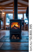 Cozy Fireplace Scene: A crackling hearth exudes warmth, offering a comforting retreat on a cold day. Стоковое AI-изображение, AI-художник Данила Большаков / Фотобанк Лори
